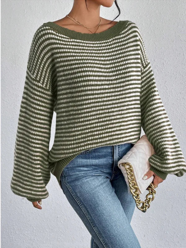 Pullover Sweaters- Striped Stockinette Stitch Knit Baggy Sweater and Solid Trims- - IndioGear.com