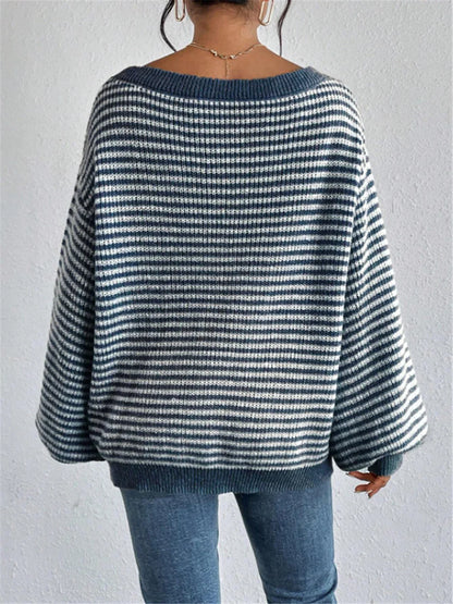 Pullover Sweaters- Striped Stockinette Stitch Knit Baggy Sweater and Solid Trims- - IndioGear.com