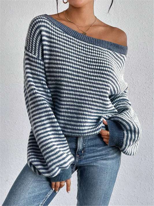 Pullover Sweaters- Striped Stockinette Stitch Knit Baggy Sweater and Solid Trims- Blue- IndioGear.com