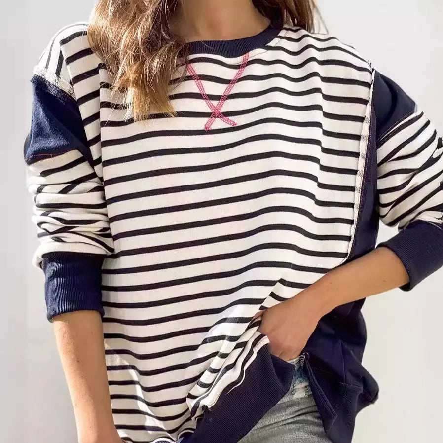 Pullover Sweaters- Stripes & Trims Loose Fit Pullover Sweatshirts- - IndioGear.com