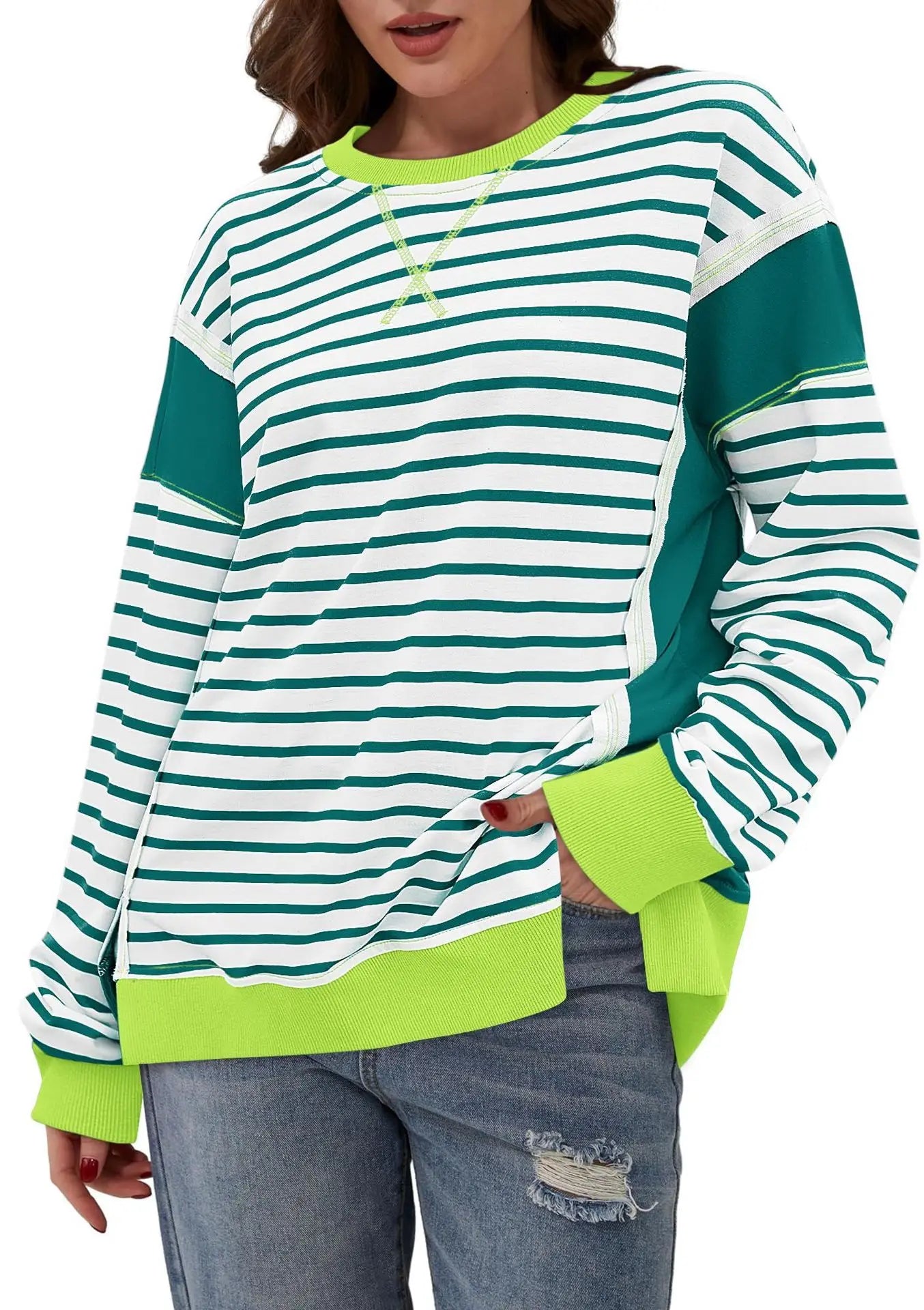 Pullover Sweaters- Stripes & Trims Loose Fit Pullover Sweatshirts- Green- IndioGear.com