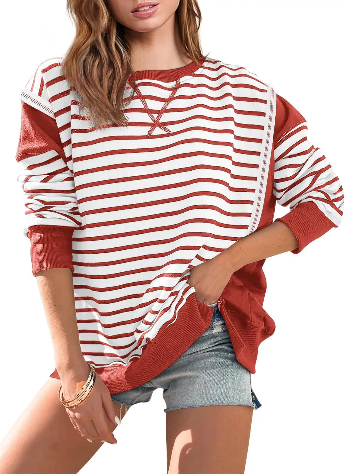 Pullover Sweaters- Stripes & Trims Loose Fit Pullover Sweatshirts- Red- IndioGear.com