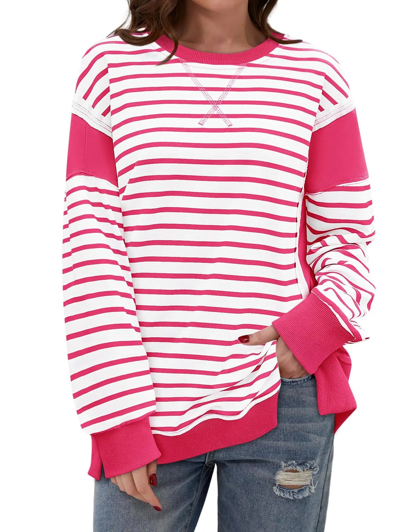 Pullover Sweaters- Stripes & Trims Loose Fit Pullover Sweatshirts- Rose Red- IndioGear.com