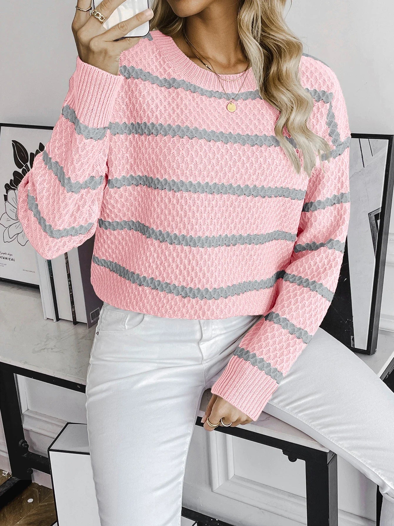 Pullover Sweaters- Stripped Waffle Knit Textured Pullover Sweaters – Regular Fit- Pink- IndioGear.com