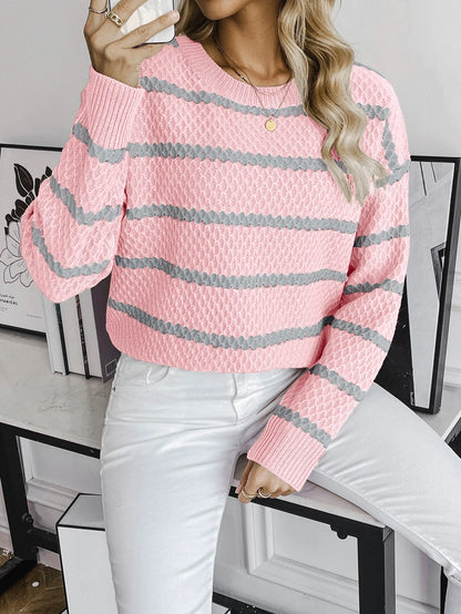 Pullover Sweaters- Stripped Waffle Knit Textured Pullover Sweaters – Regular Fit- Pink- IndioGear.com