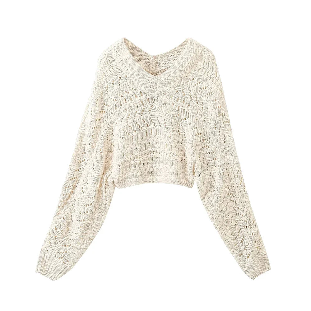 Pullover Sweaters- V-neck Crop Knitted Women Pullovers – Chic & Fancy- Beige- IndioGear.com