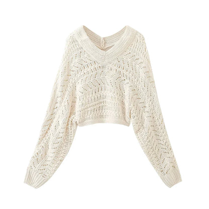 Pullover Sweaters- V-neck Crop Knitted Women Pullovers – Chic & Fancy- Beige- IndioGear.com