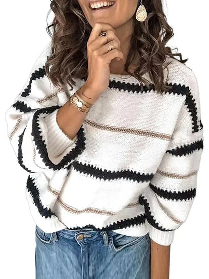 Pullover Sweaters- Zigzag Stripe Boat Neck Pullover- - IndioGear.com