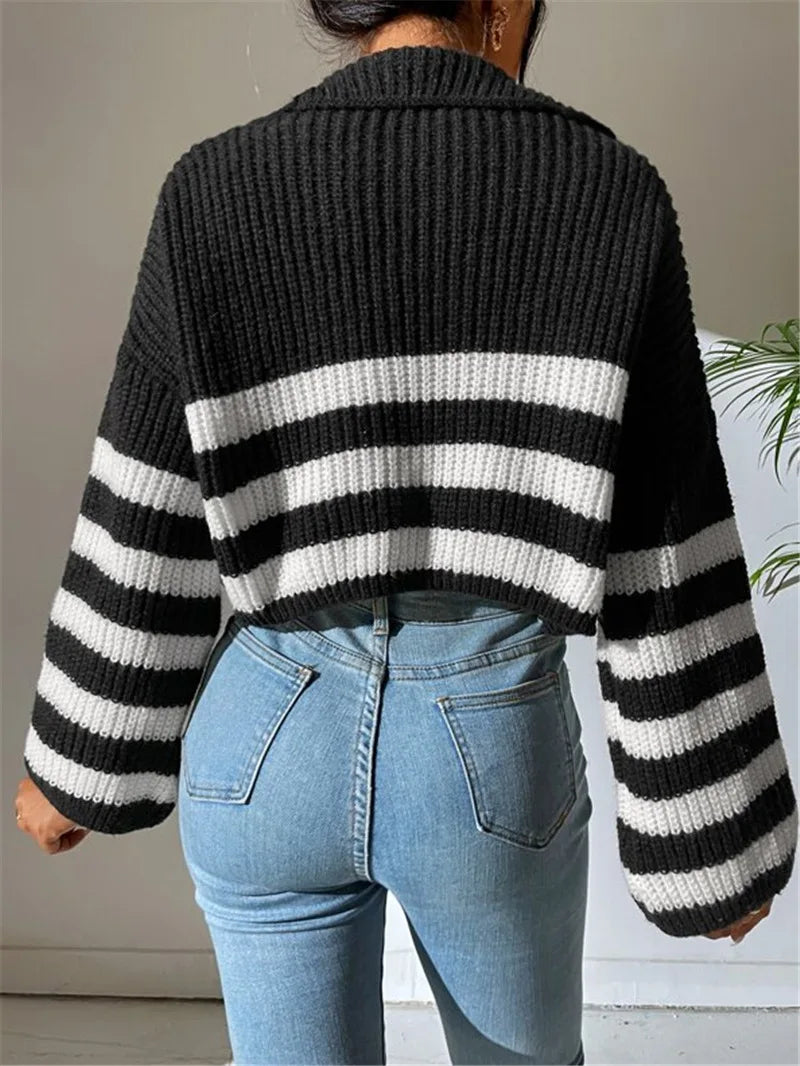 Pullover Sweaters- Zippy Contrast Stripe Flare Sweater- - IndioGear.com