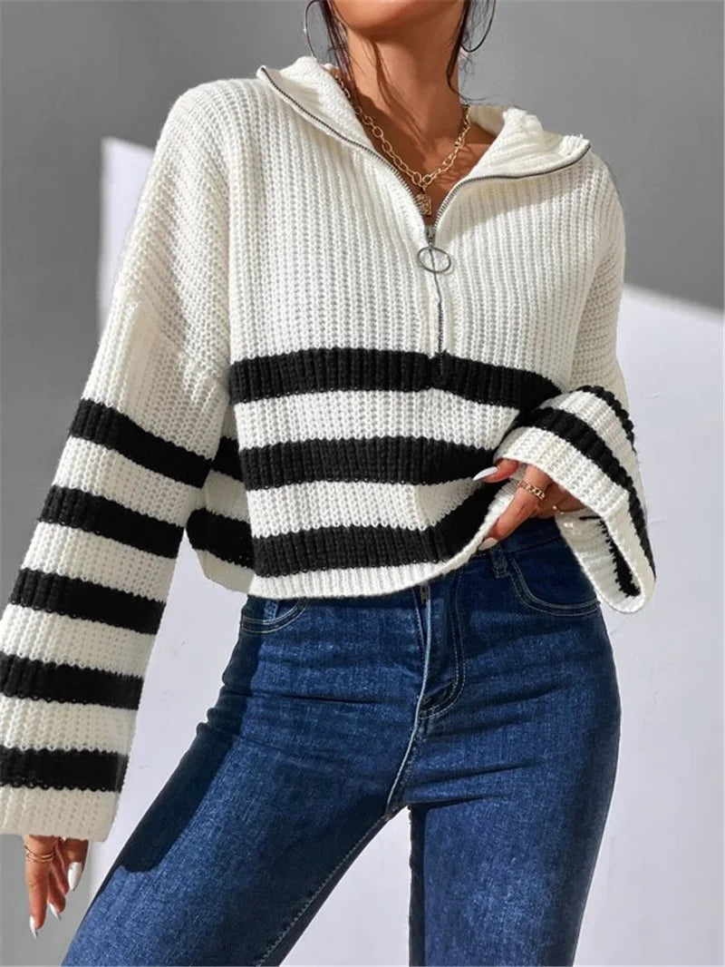 Pullover Sweaters- Zippy Contrast Stripe Flare Sweater- - IndioGear.com