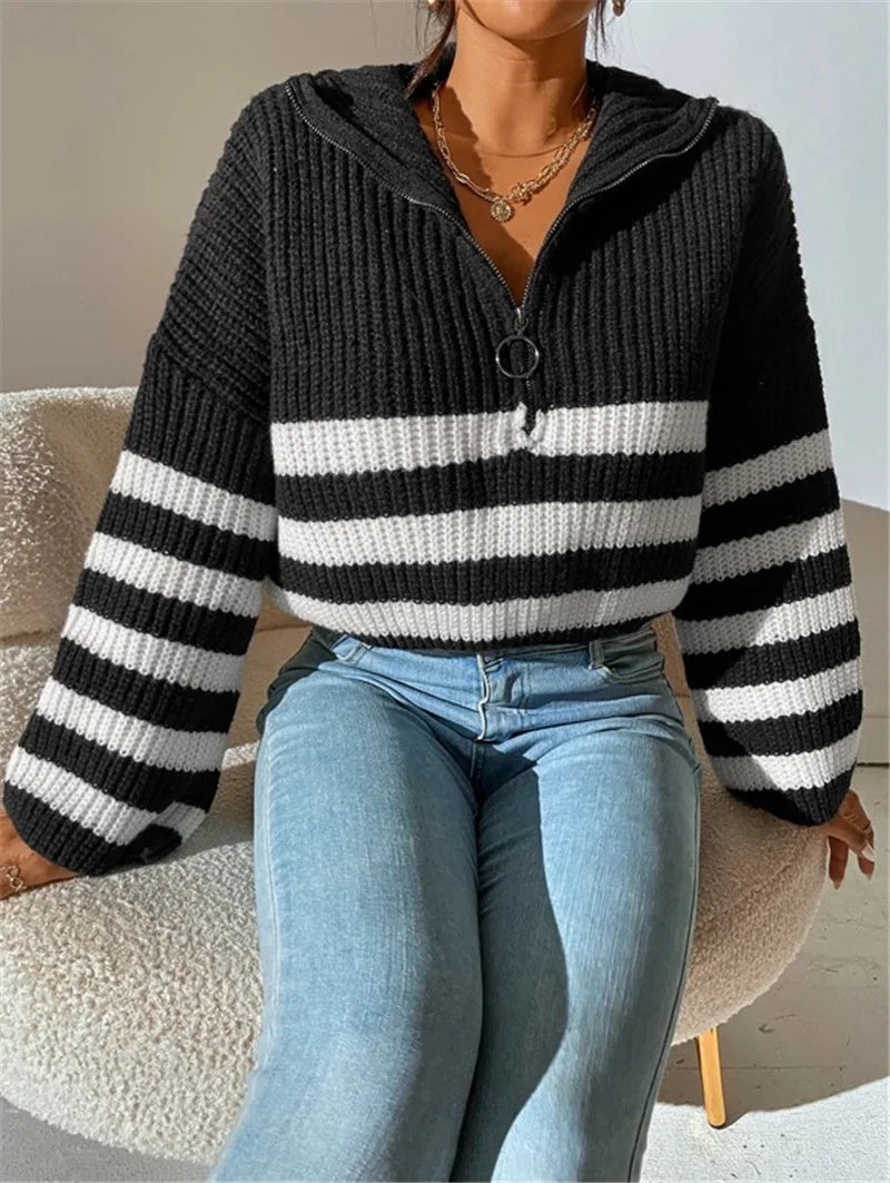 Pullover Sweaters- Zippy Contrast Stripe Flare Sweater- - IndioGear.com