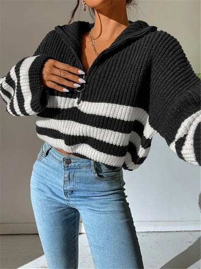 Pullover Sweaters- Zippy Contrast Stripe Flare Sweater- - IndioGear.com