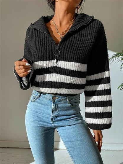 Pullover Sweaters- Zippy Contrast Stripe Flare Sweater- - IndioGear.com