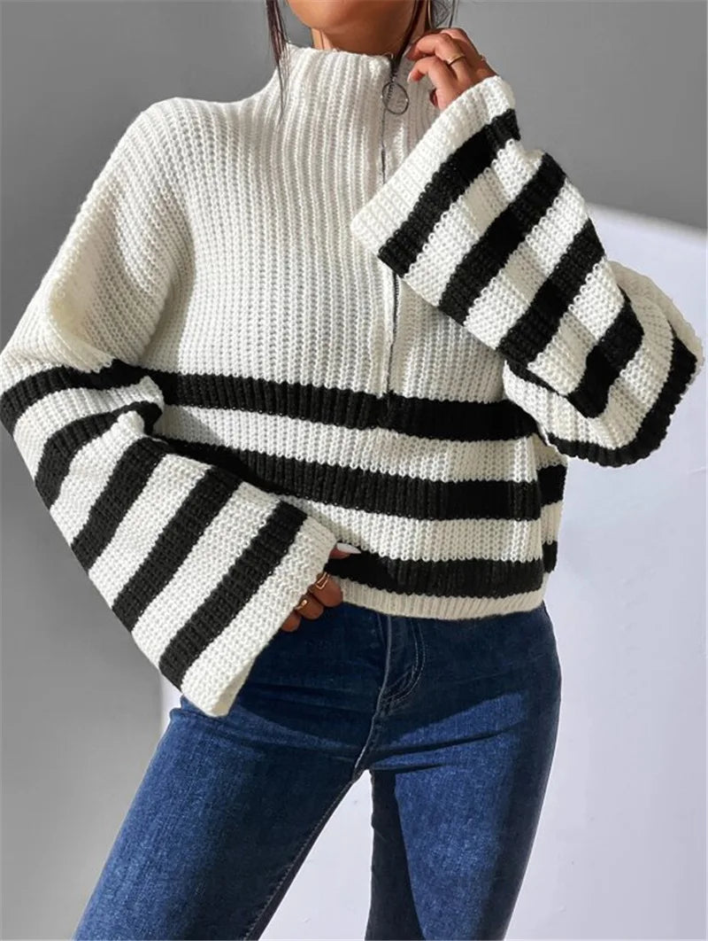 Pullover Sweaters- Zippy Contrast Stripe Flare Sweater- - IndioGear.com