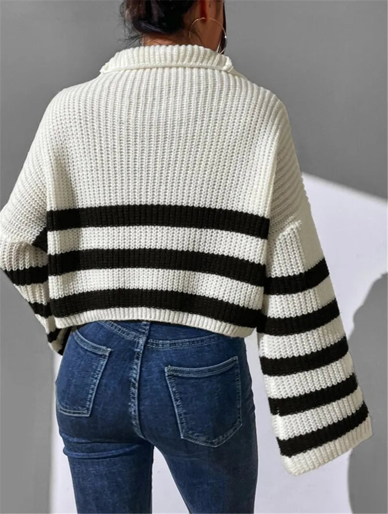 Pullover Sweaters- Zippy Contrast Stripe Flare Sweater- - IndioGear.com