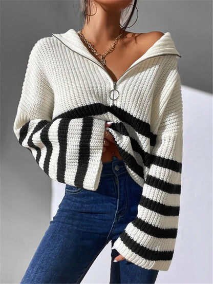 Pullover Sweaters- Zippy Contrast Stripe Flare Sweater- White- IndioGear.com