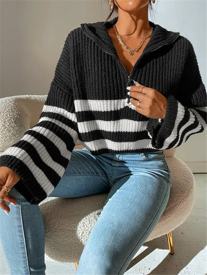 Pullover Sweaters- Zippy Contrast Stripe Flare Sweater- - IndioGear.com