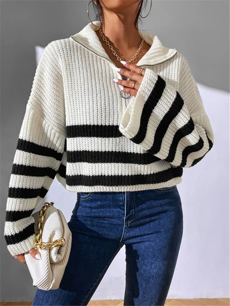 Pullover Sweaters- Zippy Contrast Stripe Flare Sweater- - IndioGear.com