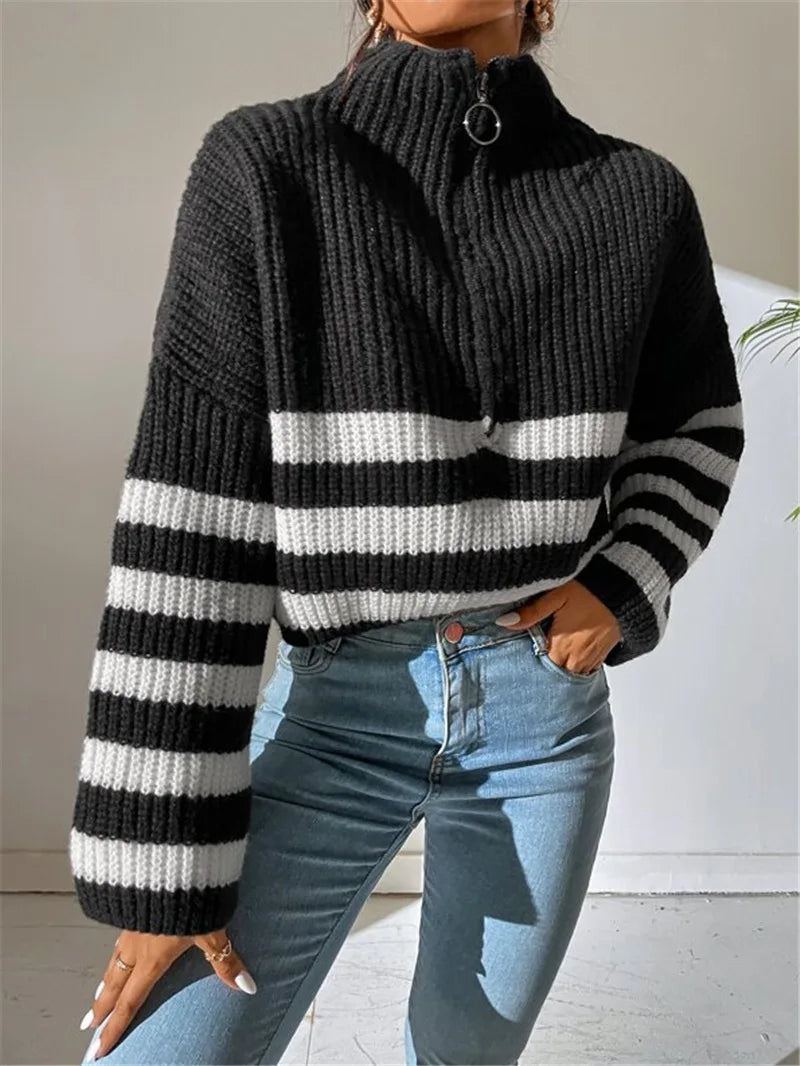 Pullover Sweaters- Zippy Contrast Stripe Flare Sweater- Black- IndioGear.com