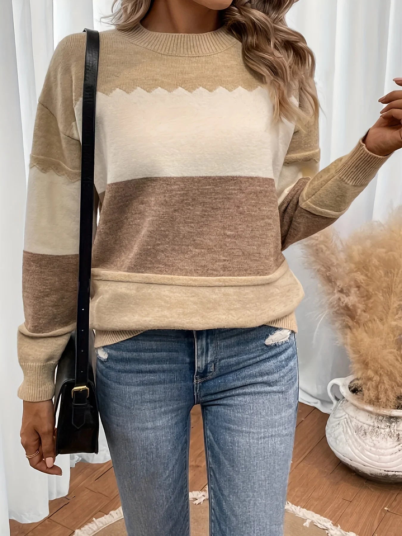 Pullovers- Earth-Tone Stripe Pullover Textured Knit Sweater- Khaki- IndioGear.com