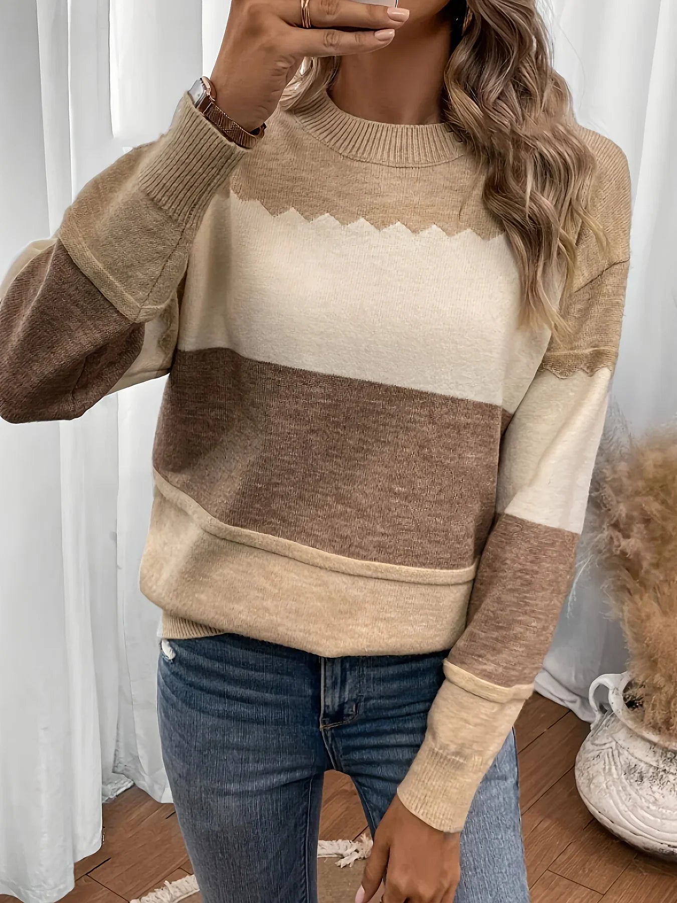 Pullovers- Earth-Tone Stripe Pullover Textured Knit Sweater- - IndioGear.com