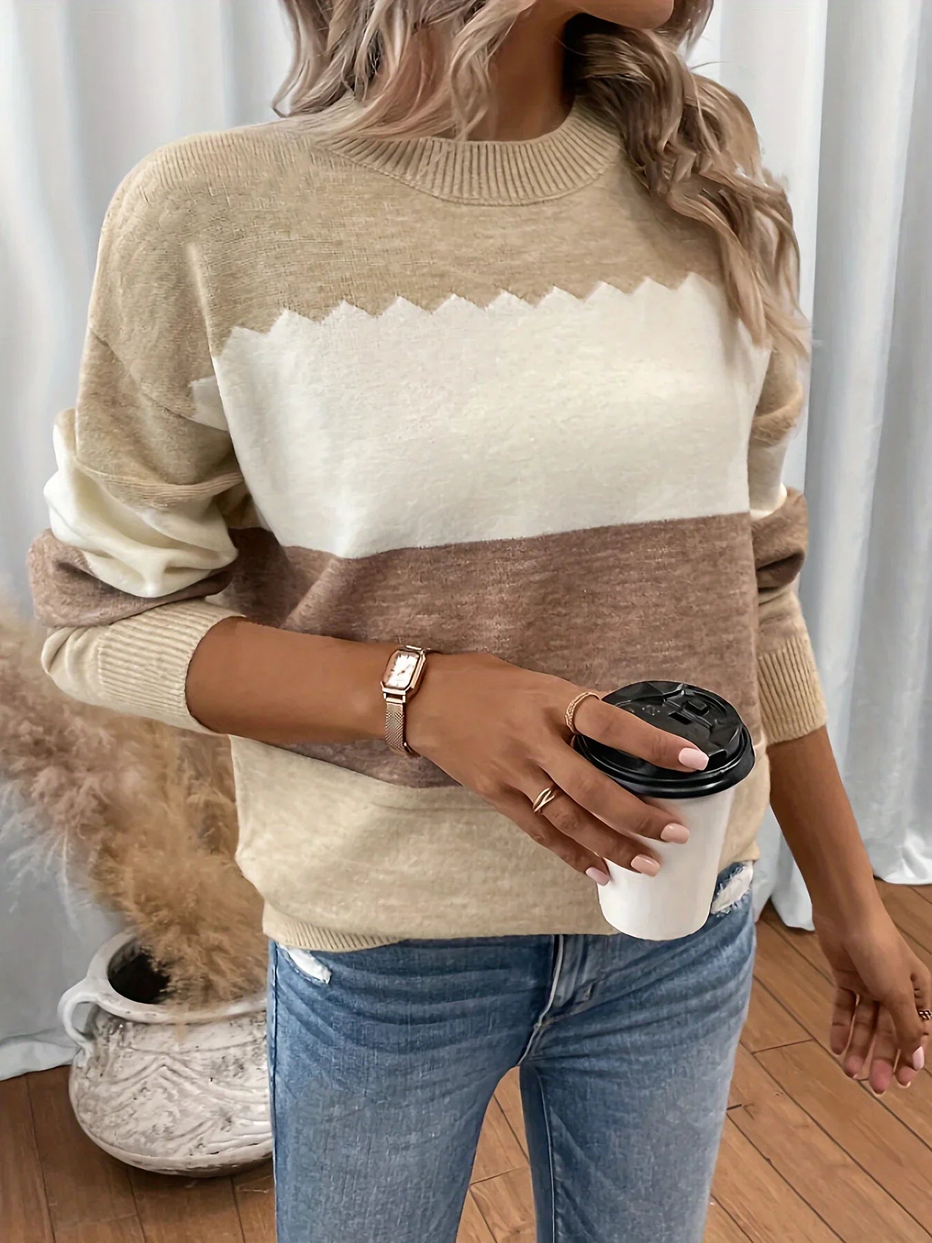 Pullovers- Earth-Tone Stripe Pullover Textured Knit Sweater- - IndioGear.com