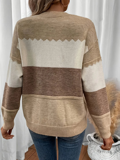 Pullovers- Earth-Tone Stripe Pullover Textured Knit Sweater- - IndioGear.com