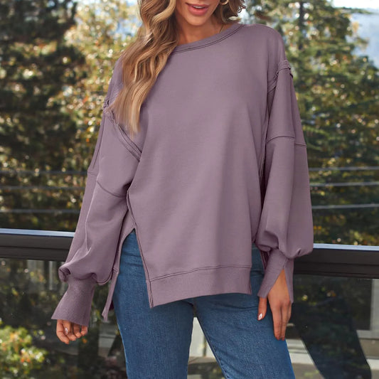 Pullovers- Fall Sweatshirt Drop Shoulder Cut-Out Pullover- Purple- IndioGear.com