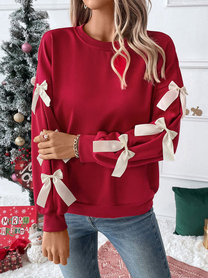 Pullovers- Festive Bow Sleeve Winter Top Holiday Pullover- Red- IndioGear Women Clothing