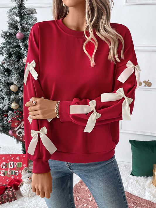 Pullovers- Festive Bow Sleeve Winter Top Holiday Pullover- Red- IndioGear Women Clothing