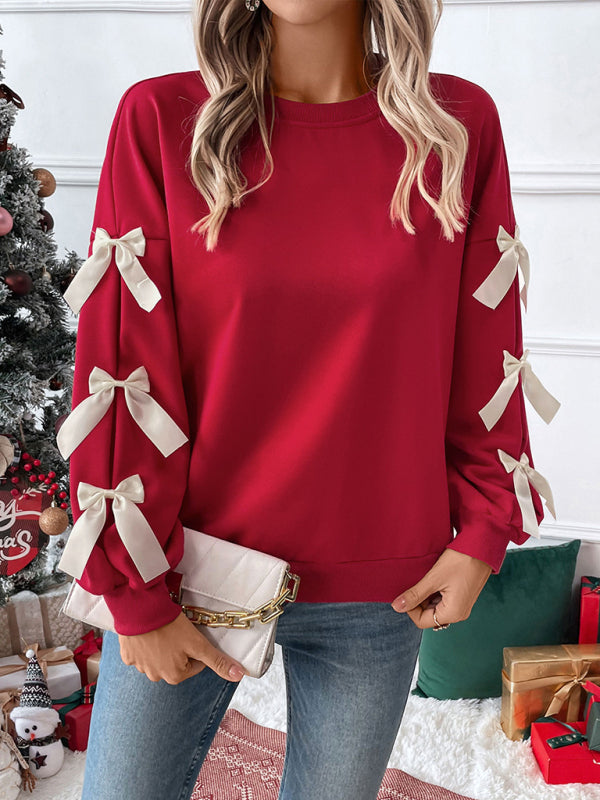 Pullovers- Festive Bow Sleeve Winter Top Holiday Pullover- - IndioGear Women Clothing