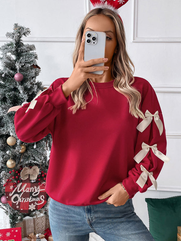 Pullovers- Festive Bow Sleeve Winter Top Holiday Pullover- - IndioGear Women Clothing