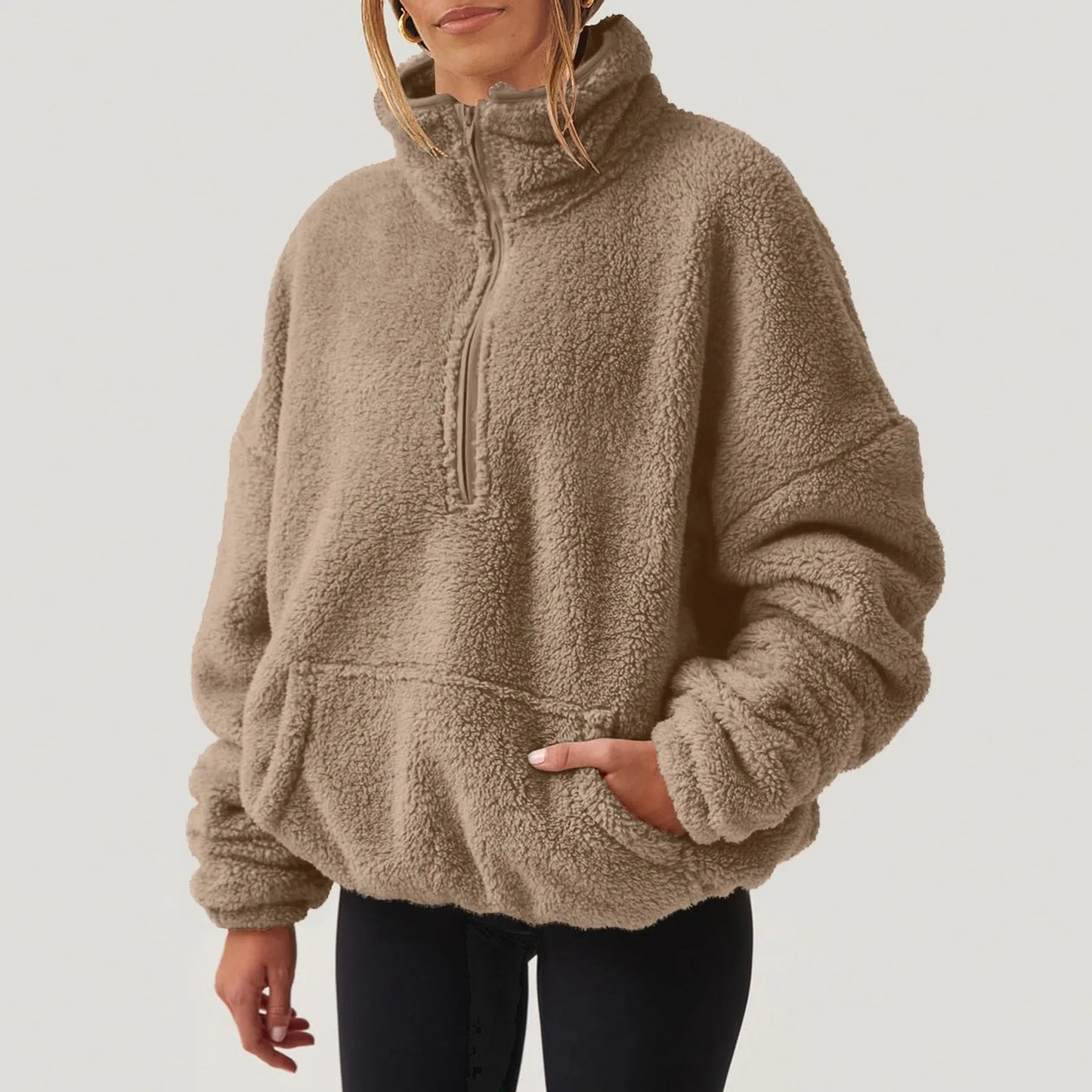 Pullovers- Fleece Winter Pullover Plush High-Neck Sweatshirt for Women- Brown- IndioGear Women Clothing