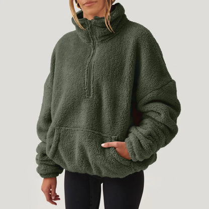 Pullovers- Fleece Winter Pullover Plush High-Neck Sweatshirt for Women- Dark Green- IndioGear Women Clothing