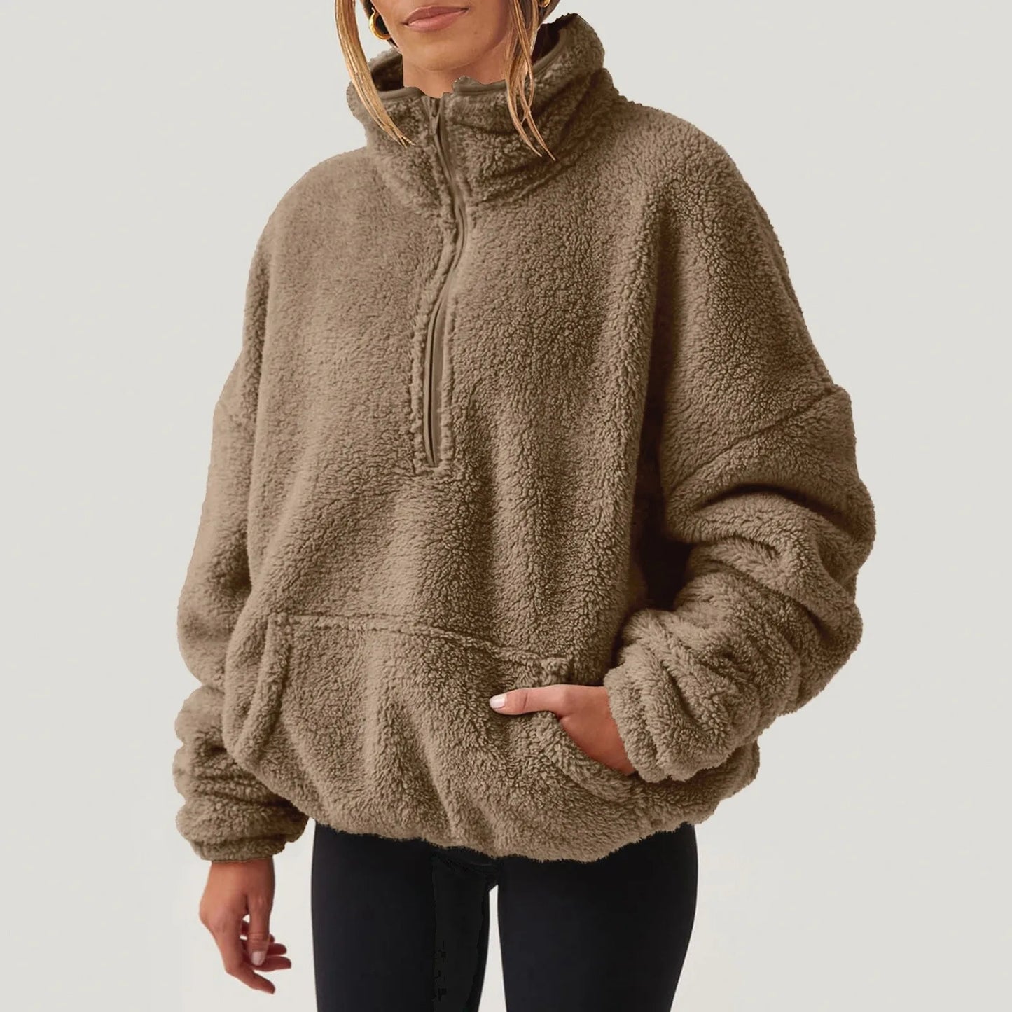 Pullovers- Fleece Winter Pullover Plush High-Neck Sweatshirt for Women- Light Brown- IndioGear Women Clothing