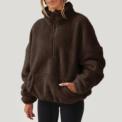 Pullovers- Fleece Winter Pullover Plush High-Neck Sweatshirt for Women- Coffee- IndioGear Women Clothing