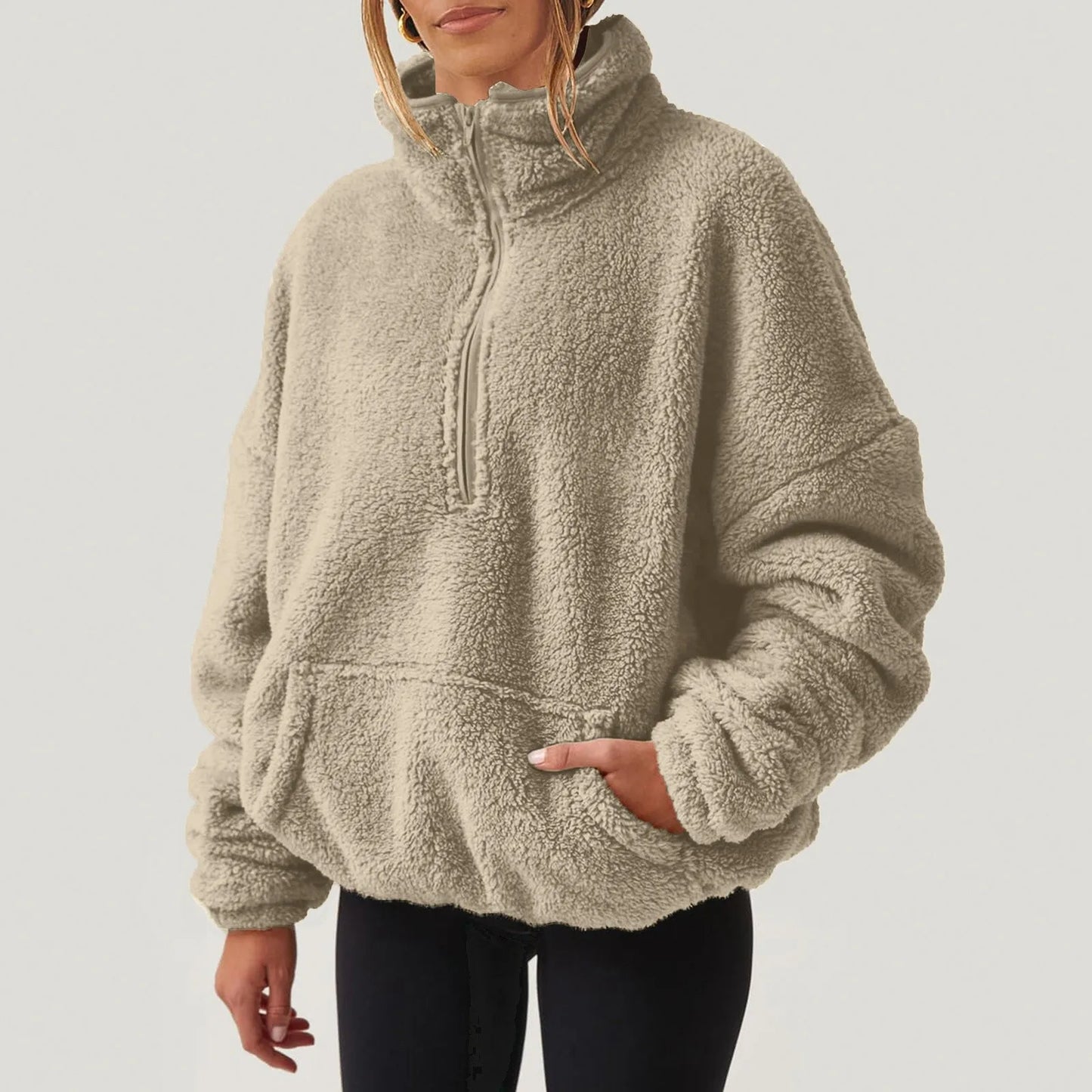 Pullovers- Fleece Winter Pullover Plush High-Neck Sweatshirt for Women- Khaki- IndioGear Women Clothing