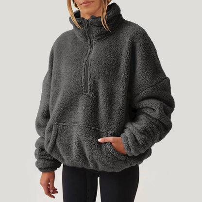 Pullovers- Fleece Winter Pullover Plush High-Neck Sweatshirt for Women- Gray- IndioGear Women Clothing