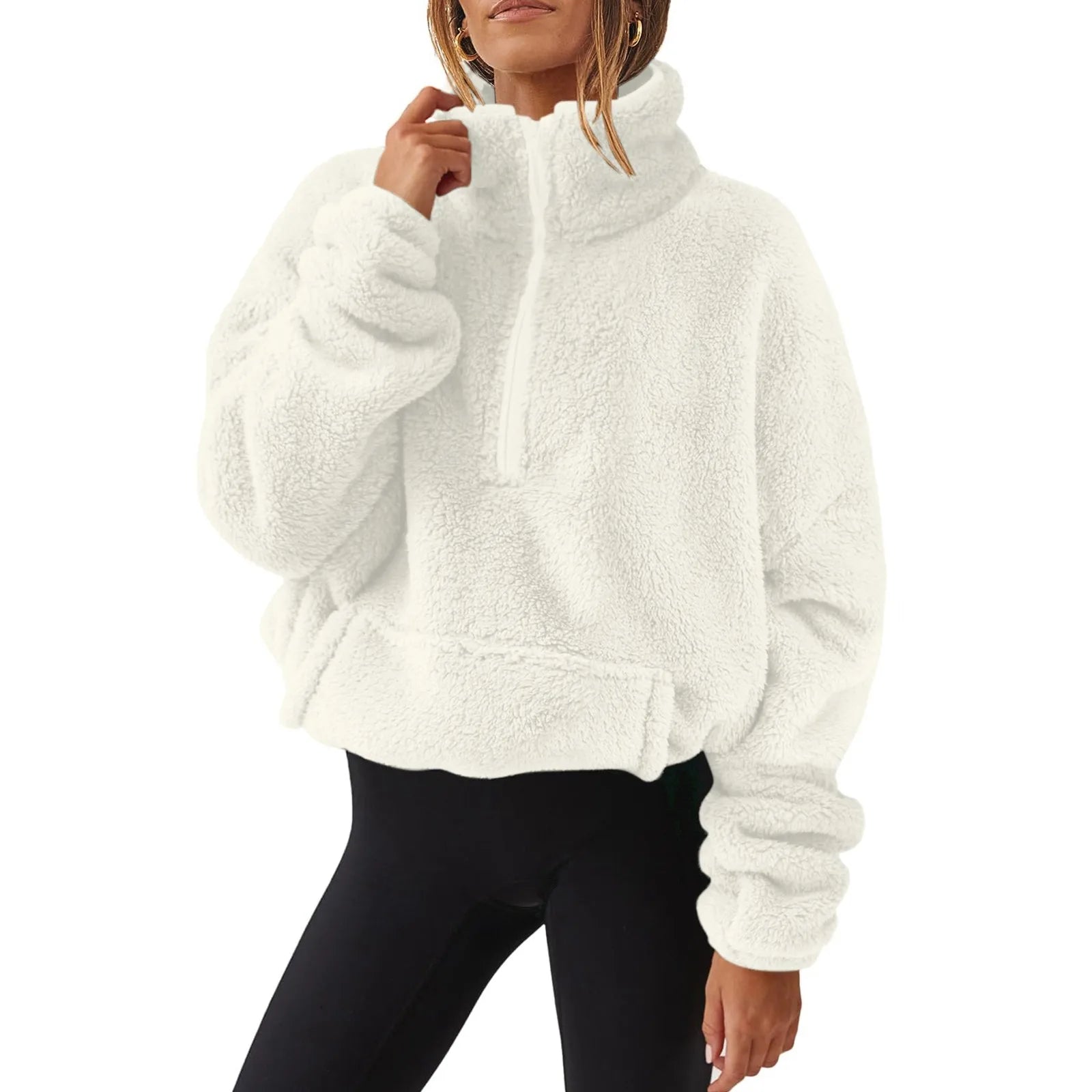 Pullovers- Fleece Winter Pullover Plush High-Neck Sweatshirt for Women- - IndioGear Women Clothing