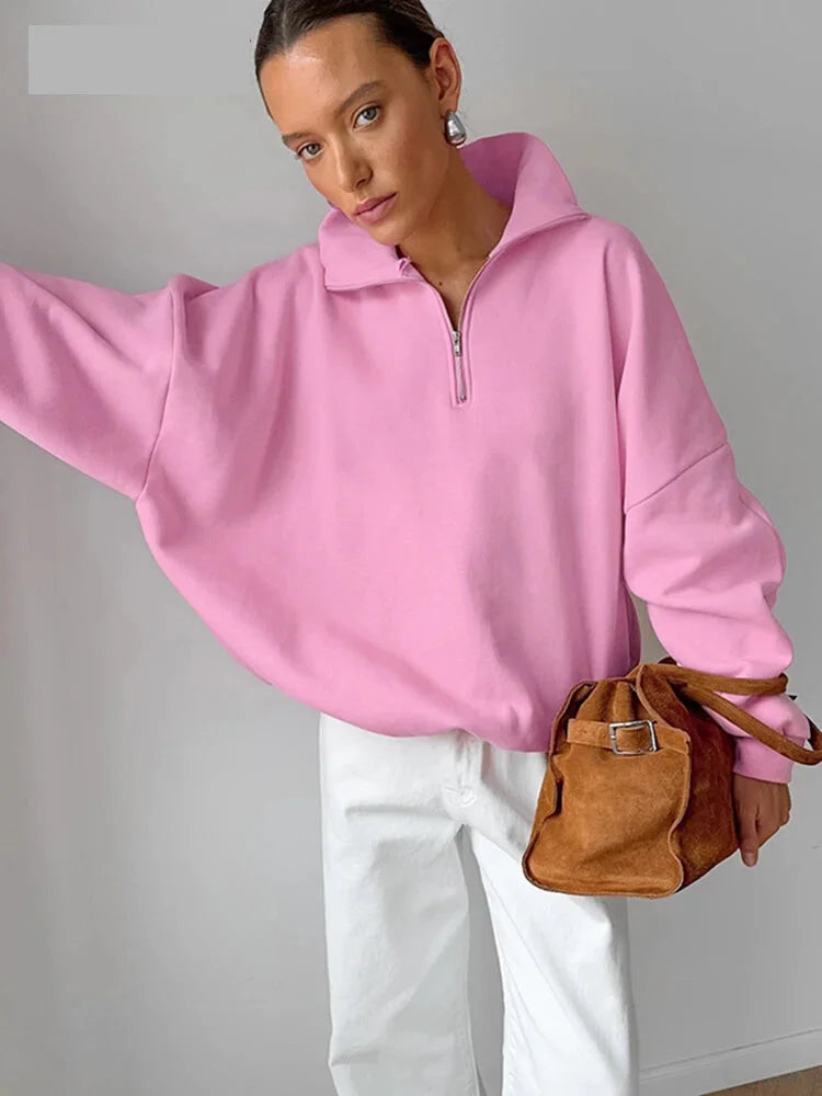 Pullovers- Oversized Half-Zip Sweatshirt Casual Pullover- Pink- IndioGear.com