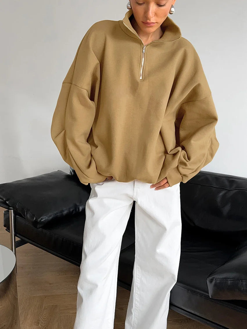 Pullovers- Oversized Half-Zip Sweatshirt Casual Pullover- Khaki- IndioGear.com