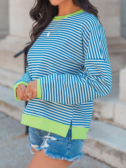 Pullovers- Stripe Neon Accent Top Lounge Loose Sweatshirt- - IndioGear Women Clothing