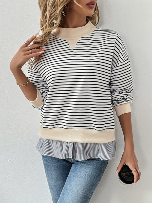 Pullovers- Striped Mock Neck Top Pullover with Layered Hem- - IndioGear Women Clothing