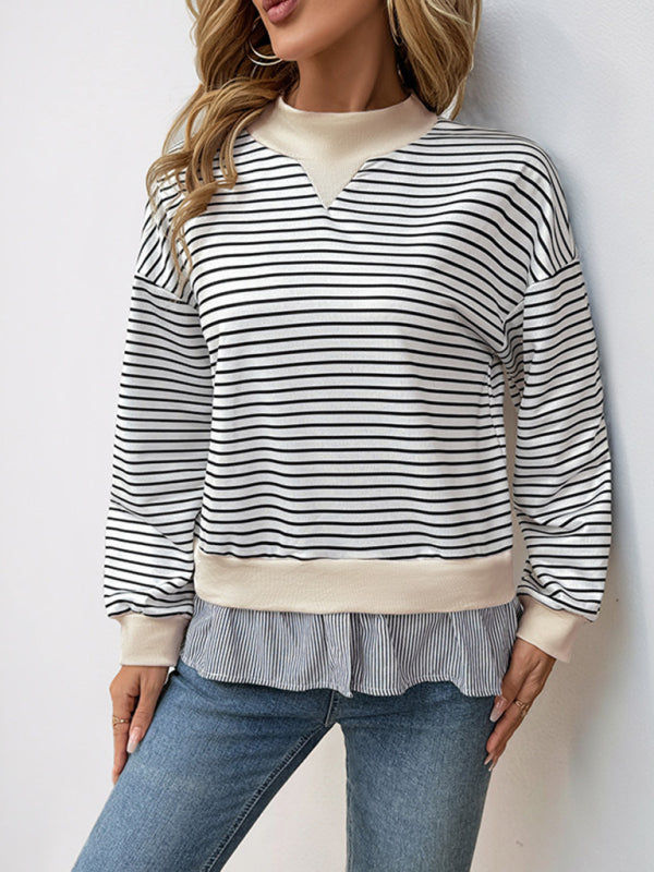 Pullovers- Striped Mock Neck Top Pullover with Layered Hem- - IndioGear Women Clothing