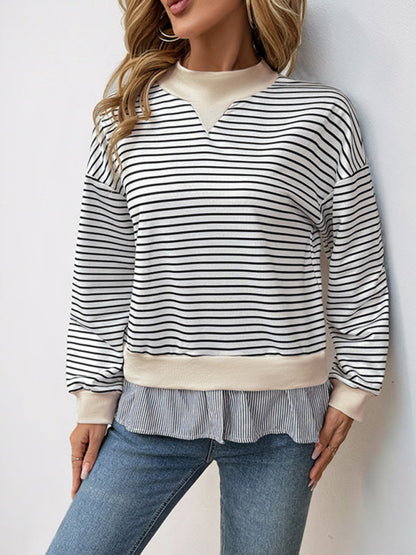 Pullovers- Striped Mock Neck Top Pullover with Layered Hem- - IndioGear Women Clothing