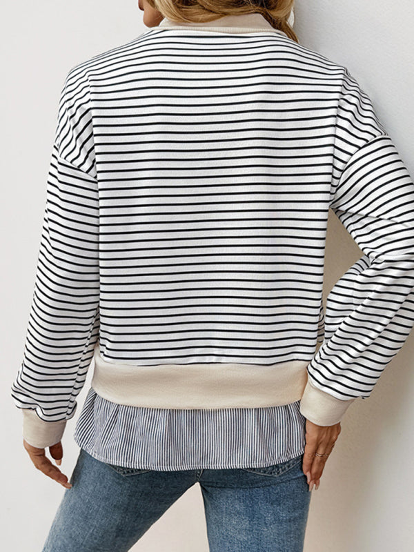 Pullovers- Striped Mock Neck Top Pullover with Layered Hem- - IndioGear Women Clothing