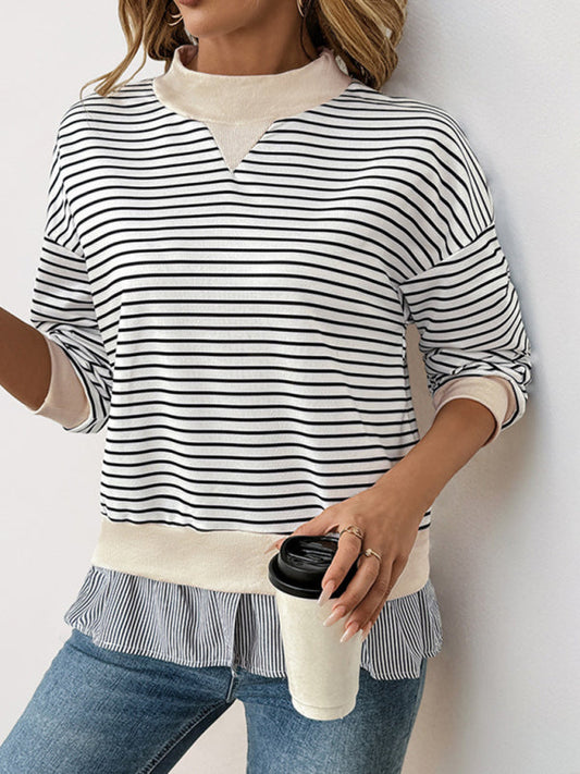 Pullovers- Striped Mock Neck Top Pullover with Layered Hem- Black- IndioGear Women Clothing