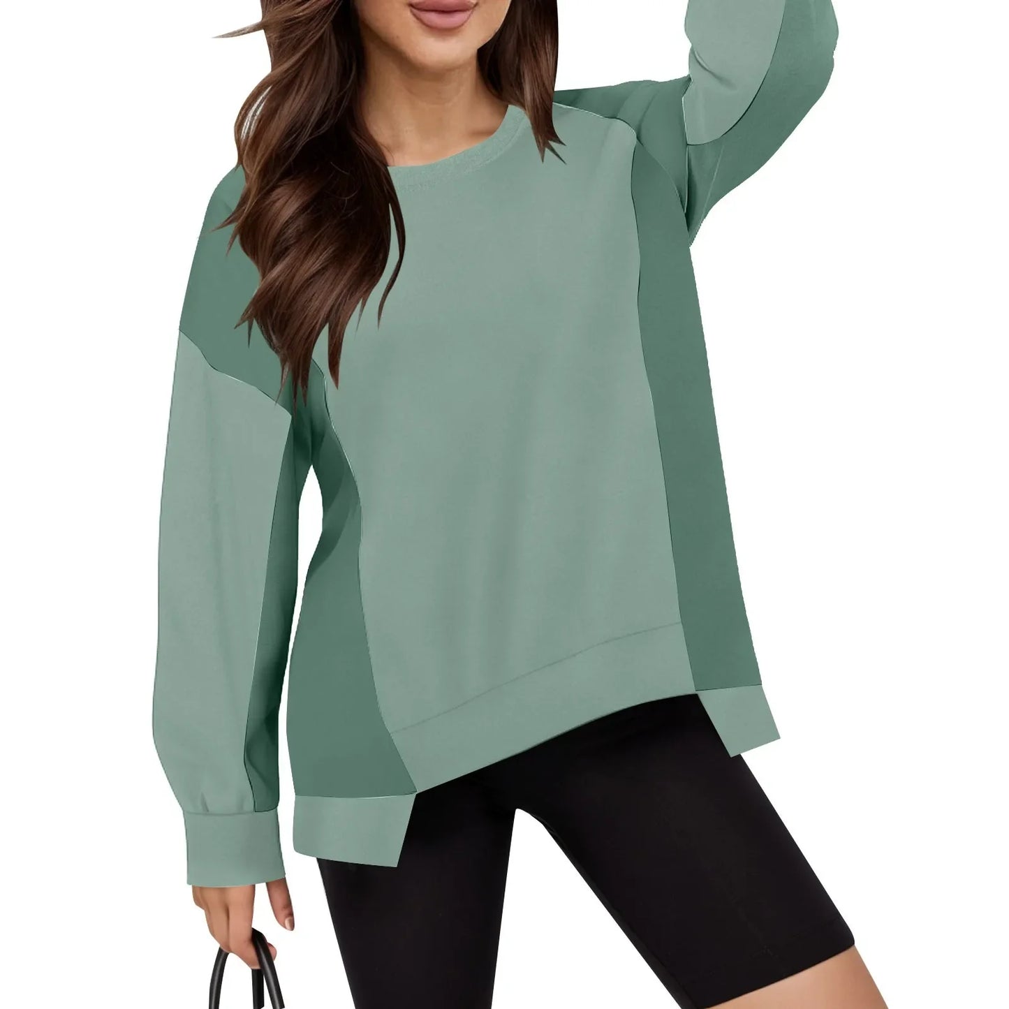 Pullovers Sweatshirts- Casual Bi-Color Pullover Sweatshirts High-low Hem- Green- IndioGear.com