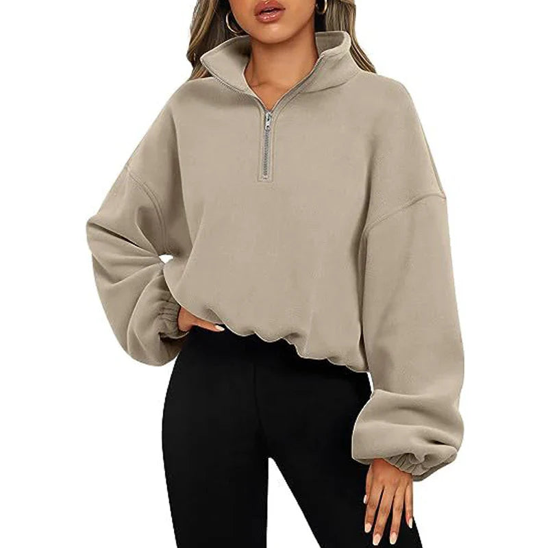 Pullovers Sweatshirts- Casual Fleece Streetwear Half Zip Up Pullover Sweatshirt- Khaki- IndioGear.com