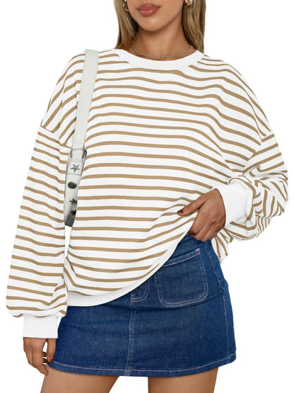 Pullovers Sweatshirts- Casual Stripes Oversized Pullover- Yellow- IndioGear.com